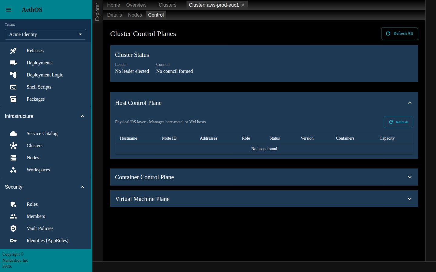 A cluster’s Control tab