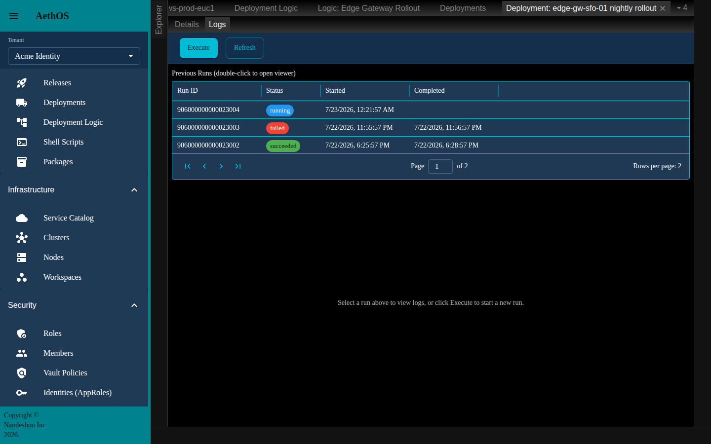 A deployment’s live logs