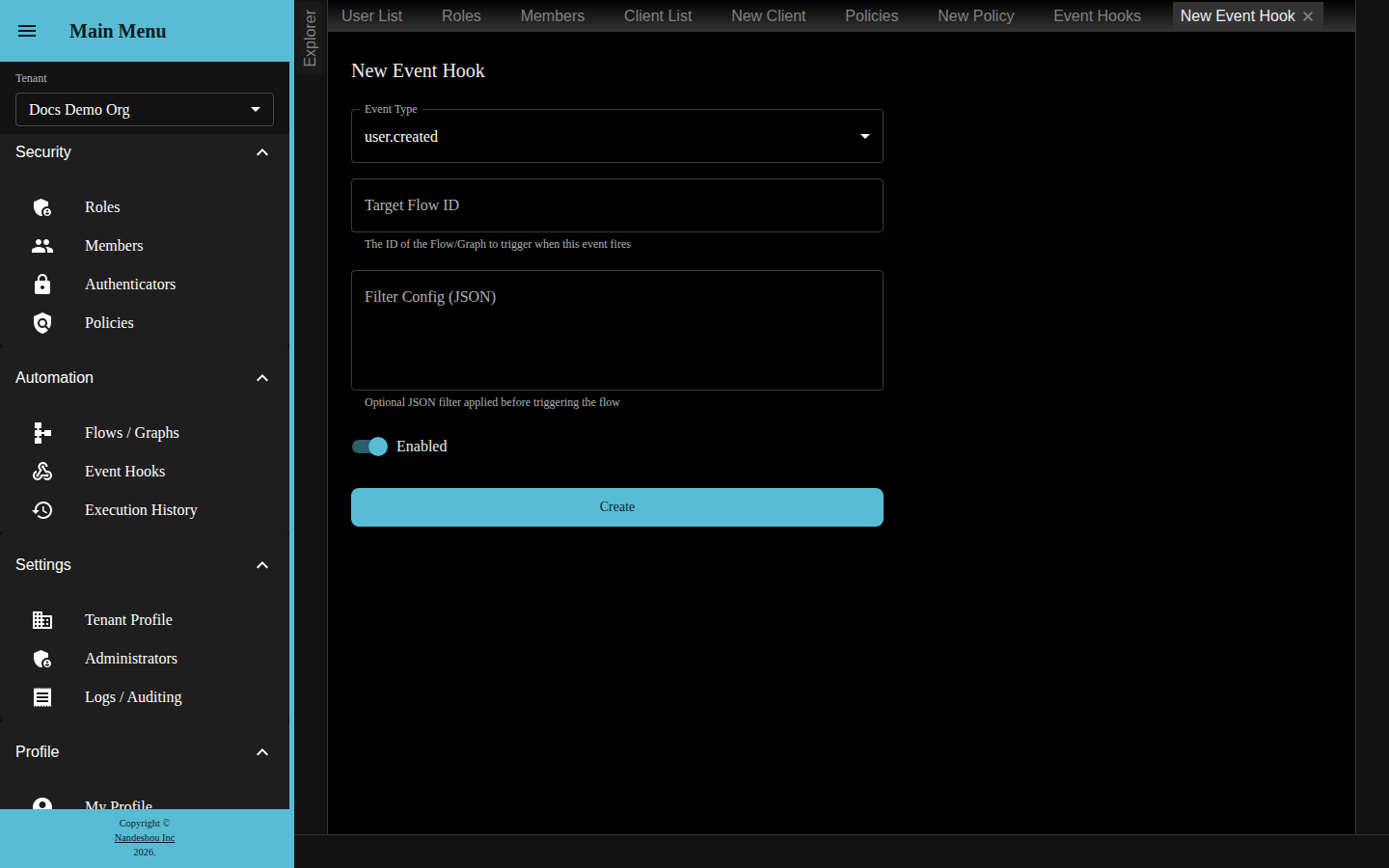 The Event Hooks editor — an Event Type dropdown, a Target Flow ID field, a JSON filter, and an Enabled switch