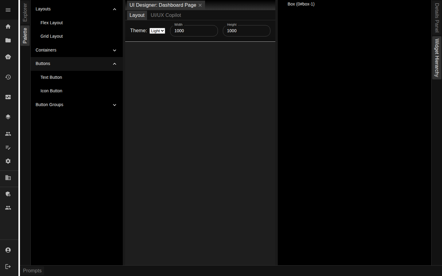 The UI Designer: page canvas, palette, hierarchy, and UI/UX Copilot