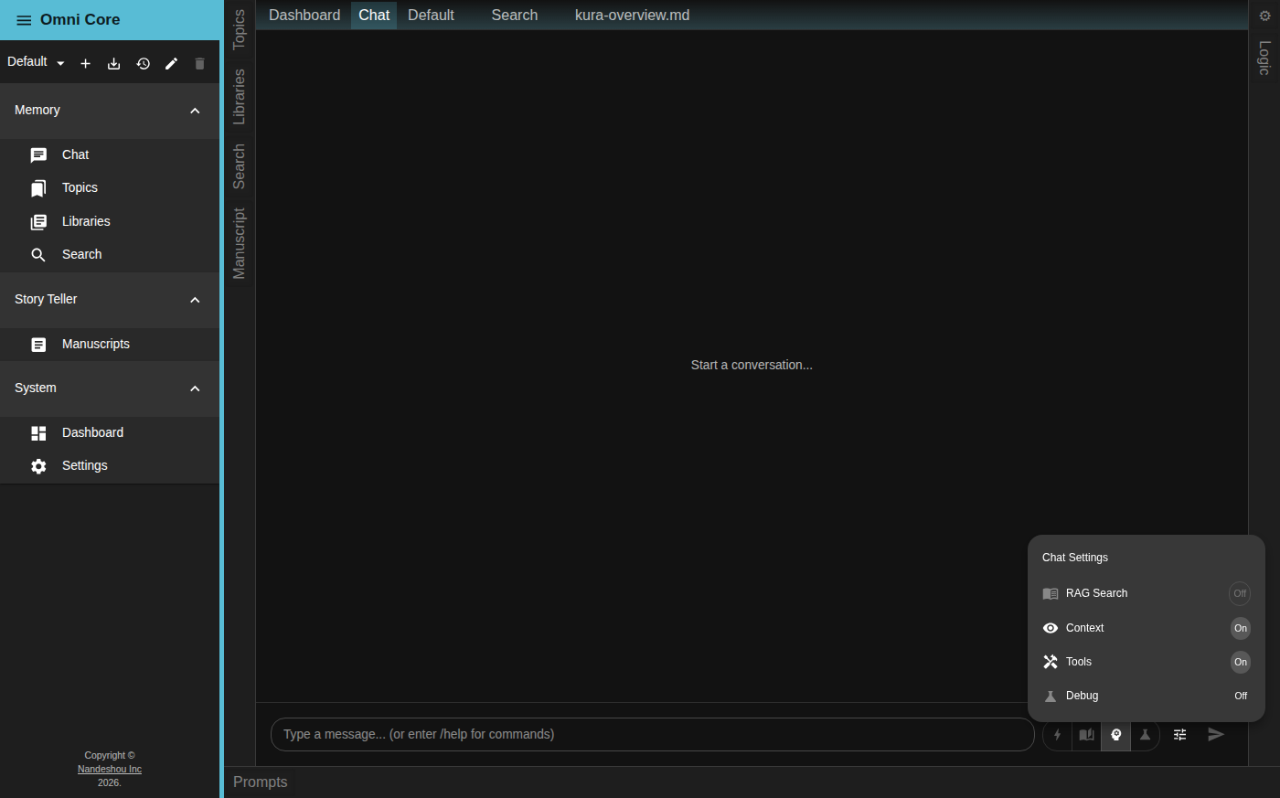 The Omni Core Chat tab — a conversation with Kura, per-response token breakdown and source chips, the message field, and the think-level buttons and Chat settings below it