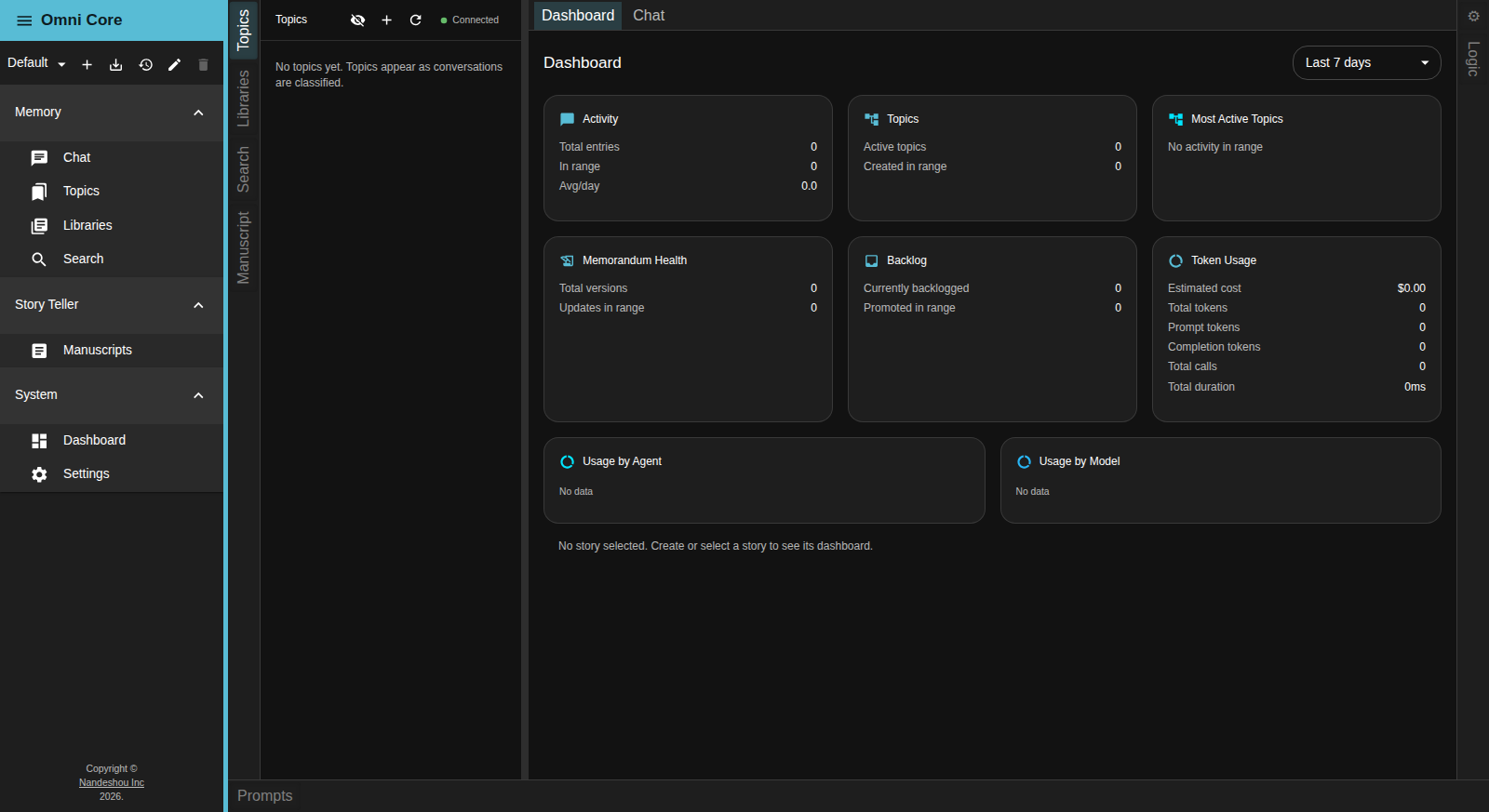 The Omni Core desktop app — a left sidebar grouping Memory, Storyteller, and System, with the System Dashboard open showing activity, topics, memorandum health, and token-usage cards