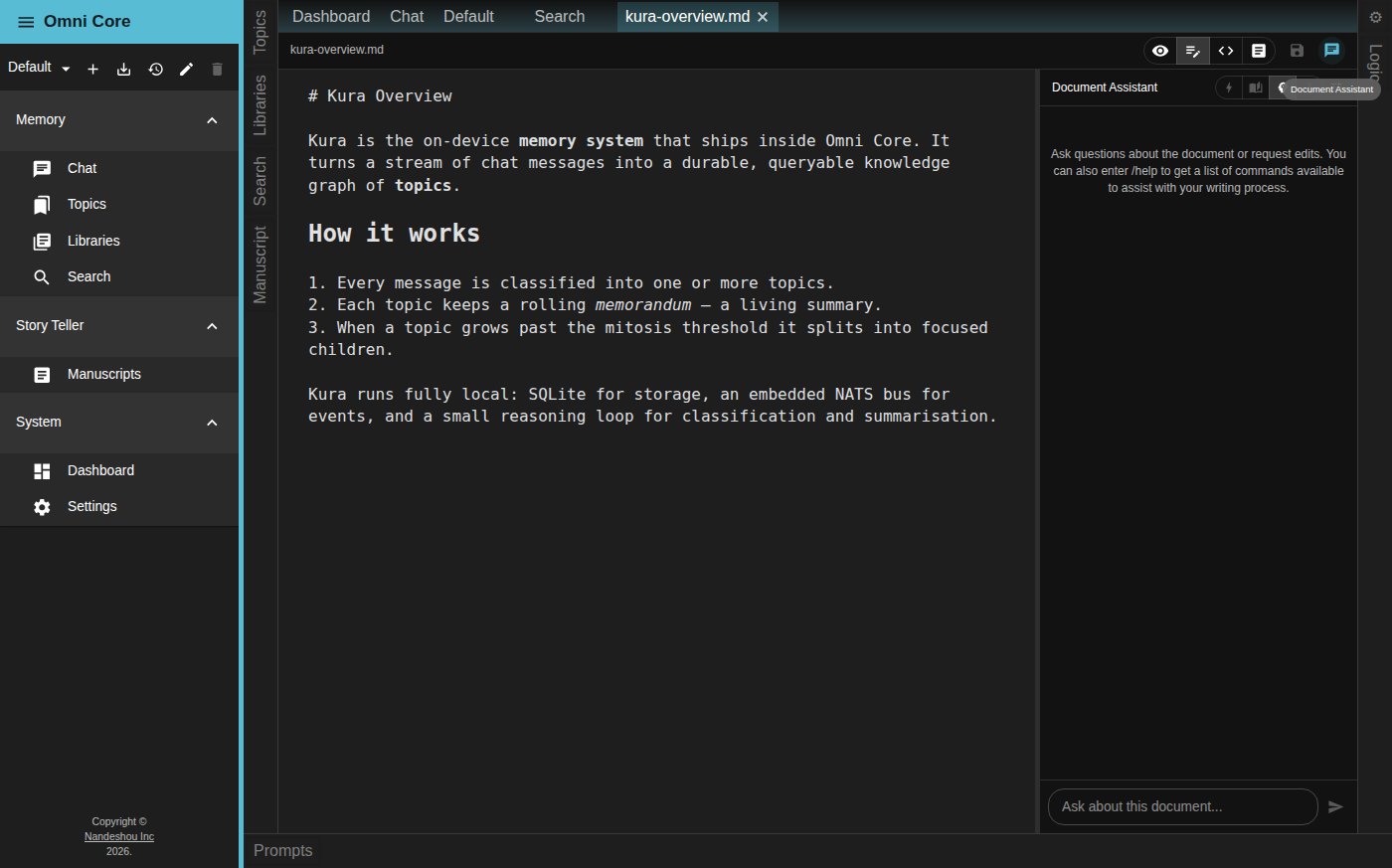 The Omni Core document editor — a Markdown file open with the view switcher (Preview, Code-Like, Code, WYSIWYG) in the toolbar and the Document Assistant chat docked alongside