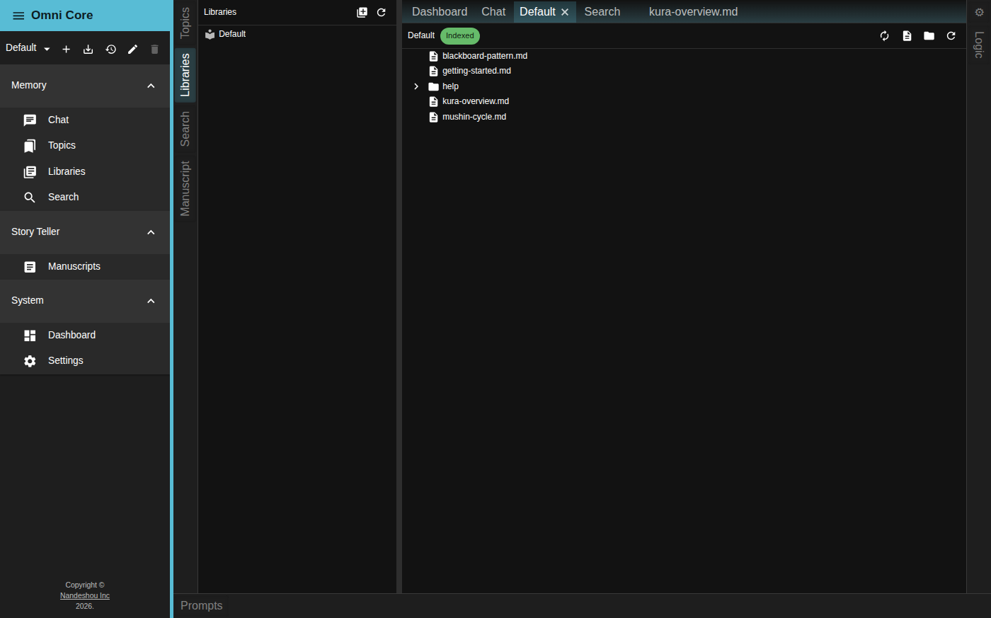 The Omni Core Libraries panel and an open library tab — a file tree on the left with an index-status chip and toolbar, and a document open beside it