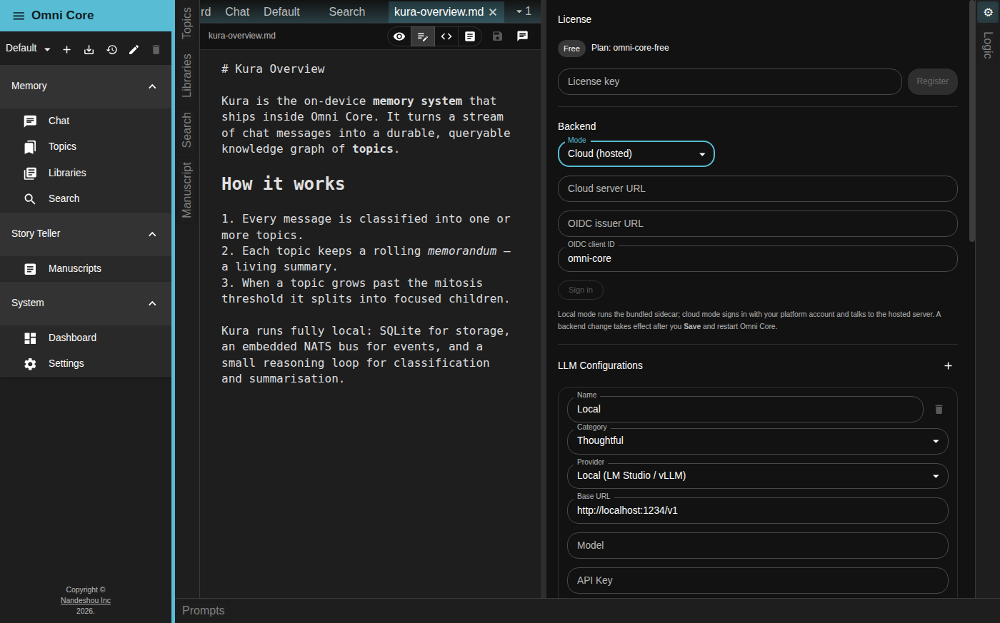 The Backend section of Omni Core Settings — a Mode selector set to Cloud (hosted), with Cloud server URL, OIDC issuer URL, and OIDC client ID fields and a Sign in button