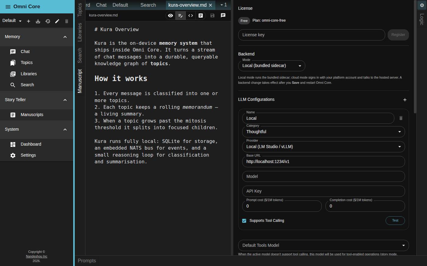 The LLM Configurations area of Omni Core Settings, showing a model configuration with Name, Category, Provider, Base URL, Model, API Key, cost fields, a Supports Tool Calling checkbox, and a Test button