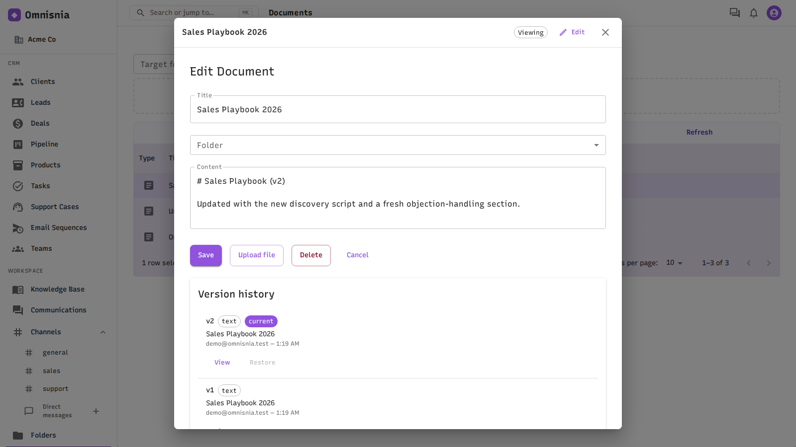 A document open in the editor, with the Version history panel on the right