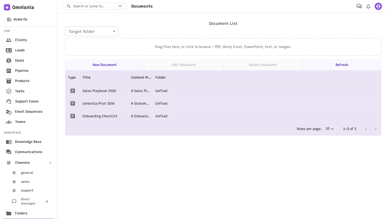 The Documents list, with the upload drop zone and file-type icons